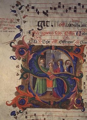 Missal 515 f.28v Historiated S inicial que descreve a apresentação no templo, 1448-49 de Zanobi di Benedetto Strozzi